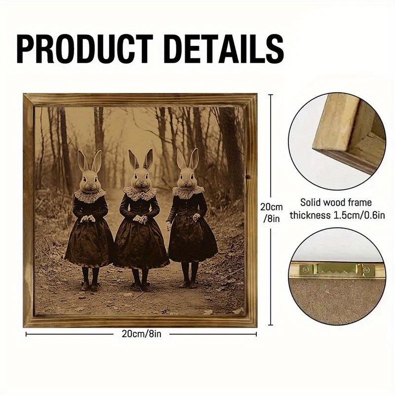 8" x 8" Vintage Victorian Rabbit Women Wood Wall Art - Farmhouse Style Signage with Golden-Toned Frame, Dark Brown Rabbit Painting for Living Room, Bedroom, Bathroom, Office Decor - Rustic Home Decoration & Holiday Gift Idea