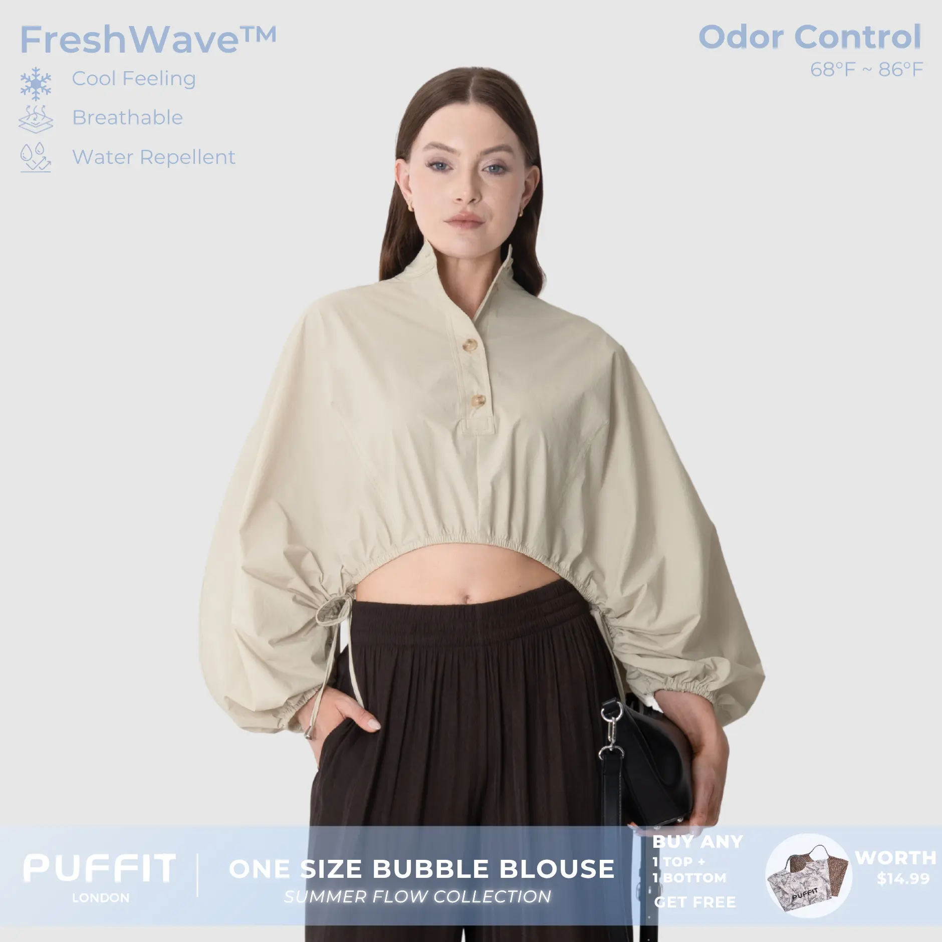 PUFFIT Summer Flow One Size Bubble Sleeve Blouse With Elasticated Hem,Puff Sleeve,Summer Blouse,Cool Feeling,Breathable,Water Repellent,Odor Control,Womens Wear,Ourdoor,Sport,Dog Walking,Outwear,Comfortable,Summer,2026 Shopping