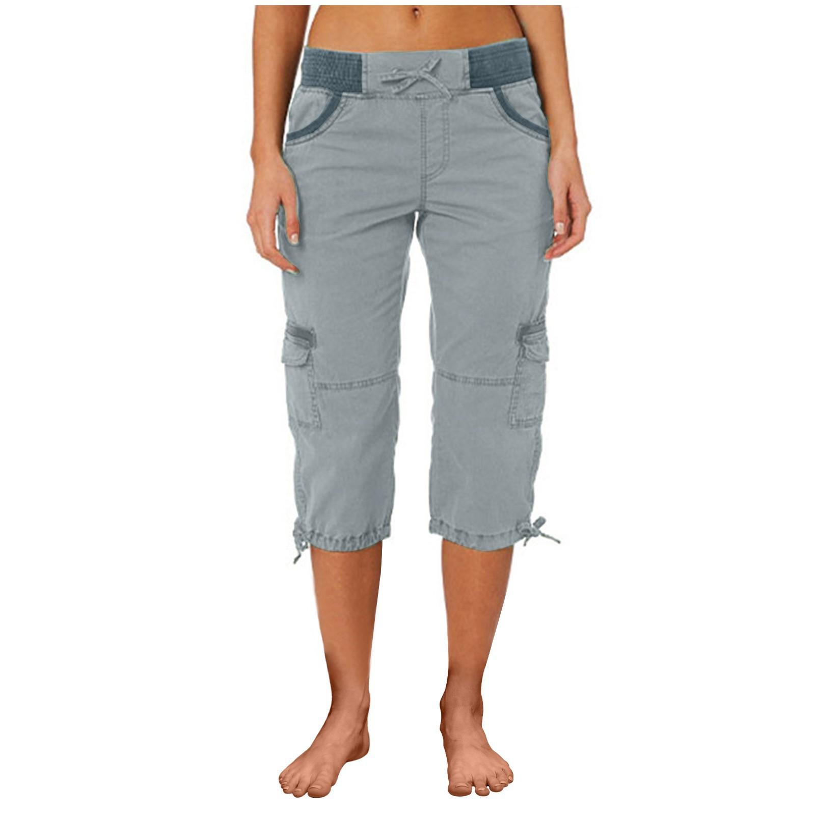 Women Cargo Capris Soild Casual Pants With Pocket Drawstring Outdoor Hiking Pants Women'S Slacks Thin Streetwear Tops Chic White Womenswear Bottom Comfort Basic