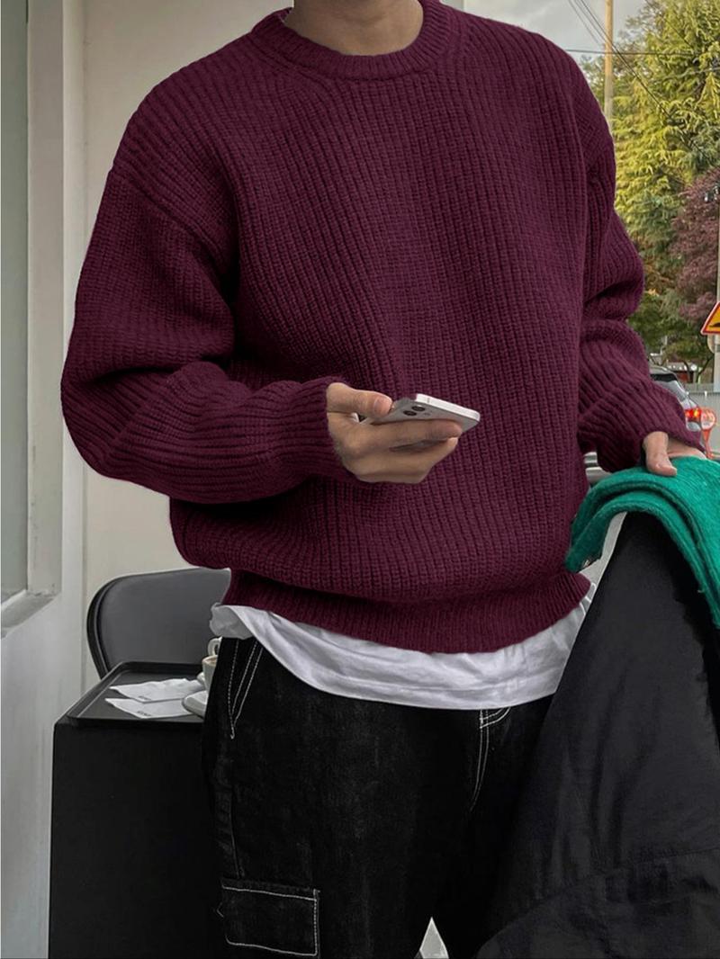 Men's Solid Drop-Shoulder Cable-Knit Sweater, Loose Casual Long-Sleeve Round-Neck Jumper for Fall & Winter, Fashion Knitwear for Daily Wear