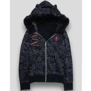 Y2k Subculture Long Sleeve Hooded Jacket Cat Ears Women Casual Punk Style Coat Skulls Print Harajuku Faux Fur 2025 Autumn