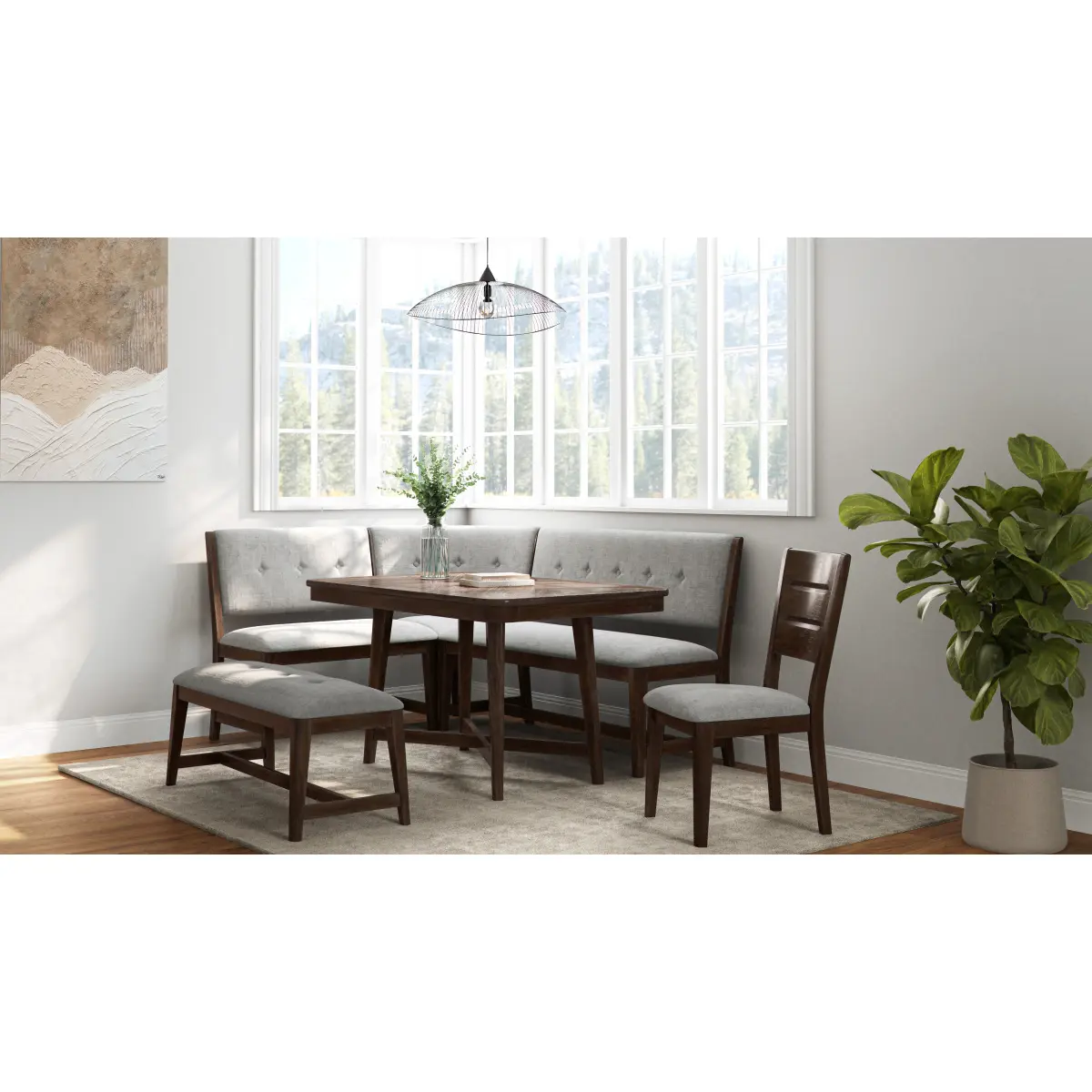 Cherry Table with Curved Bench, Backless Bench and 2 Side Chairs