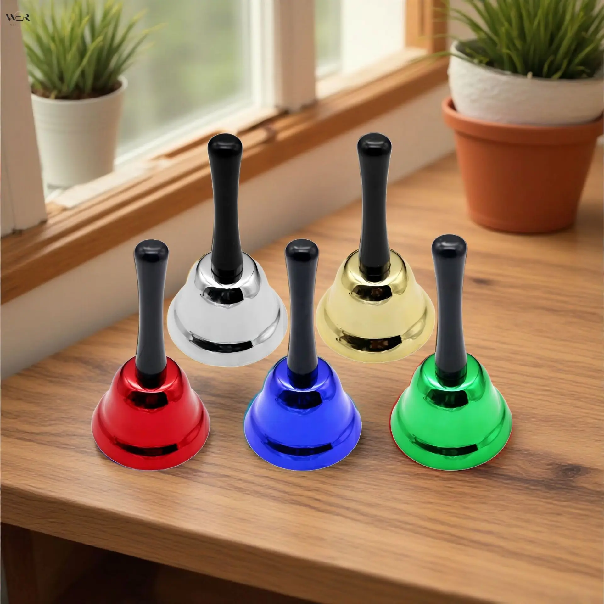 Metal Hand Call Bell, 75mm Diameter Service Hand‑held Bell with Black Handle, Loud Clear Ring Bell for Classroom Restaurant Christmas Party Festival Decoration Multi‑Colors