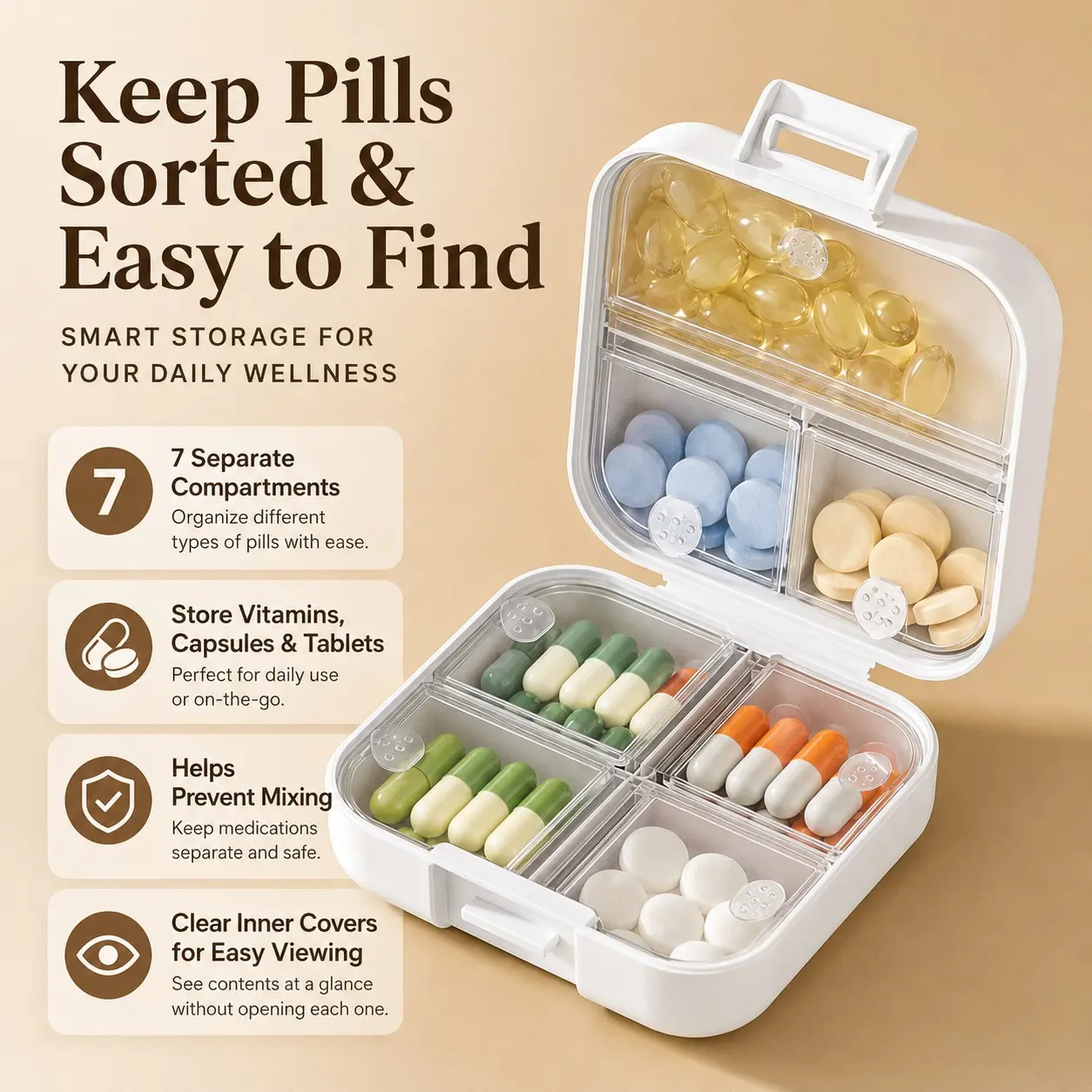 Portable Pill Box, Mini Weekly Medicine Container with 7 Compartments, Compact Travel Pill Organizer with Transparent Lids