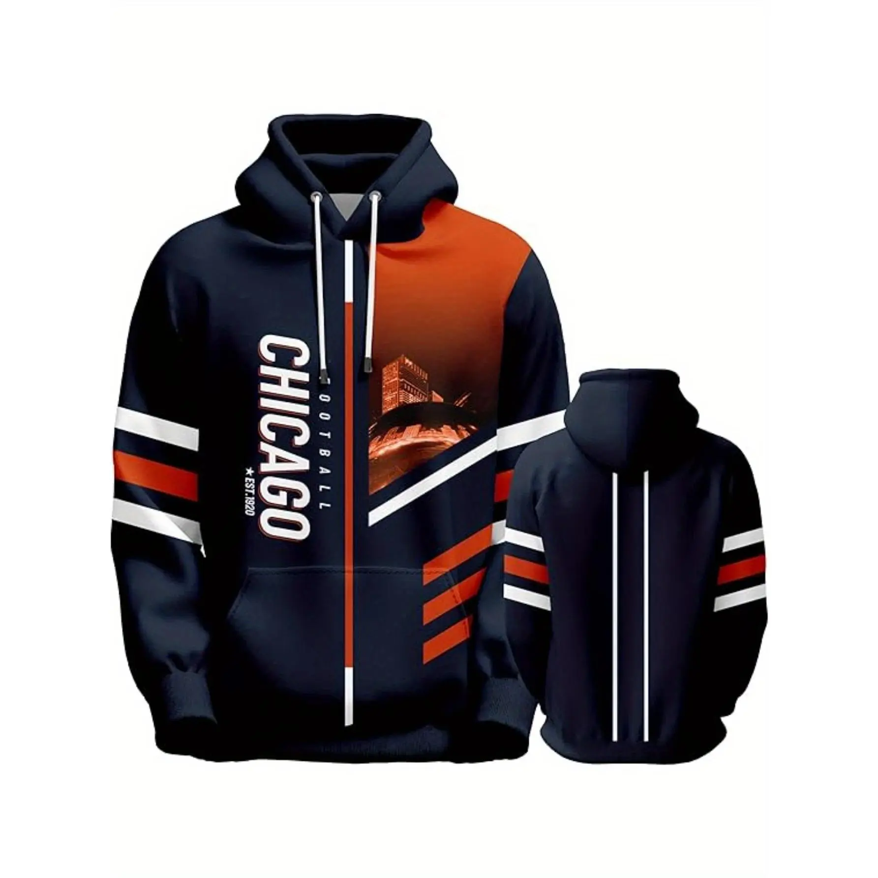 Unisex American Football Team Hoodie - Men's & Women's Polyester Fabric Full-Body City Night Scene Print Pullover, Kangaroo Pocket Round Neck Casual Long Sleeve Fan Apparel for Game Day & Everyday Football Lovers