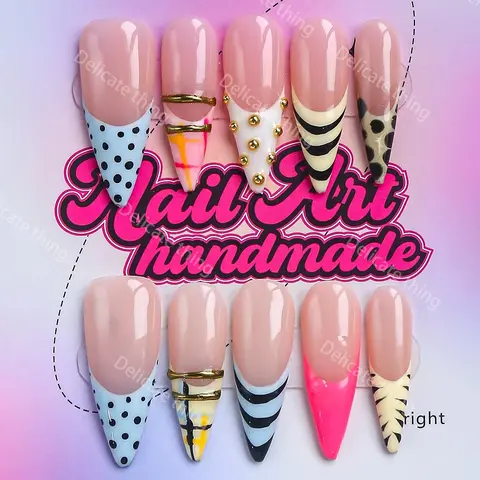 Delicatething Y2K Style Long Point Artificial Nails, Fake Nails, Handmade Press On, 4 Sizes XS S M L, Perfect for Parties, Includes Jelly Glue, Crystal Stick, File