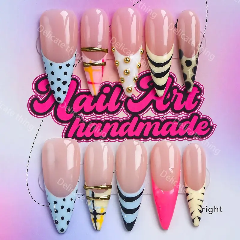 Delicatething Y2K Style Long Point Artificial Nails, Fake Nails, Handmade Press On, 4 Sizes XS S M L, Perfect for Parties, Includes Jelly Glue, Crystal Stick, File