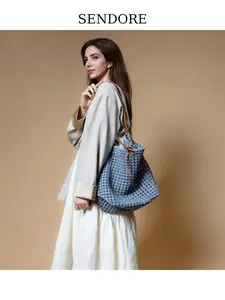 Denim Water Bucket Bag, Woven Tote Bag, Large Capacity Commuter Shoulder Bag, Sendore Forest Island Design, Fashionable Daily Use