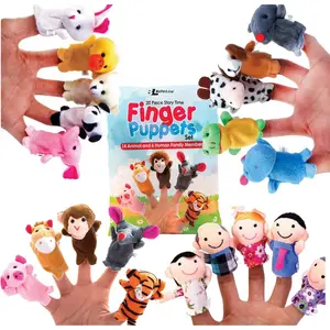20-Piece Story Time Finger Puppets Set - Cloth Velvet Puppets - 14 Animals and 6 People Family Members