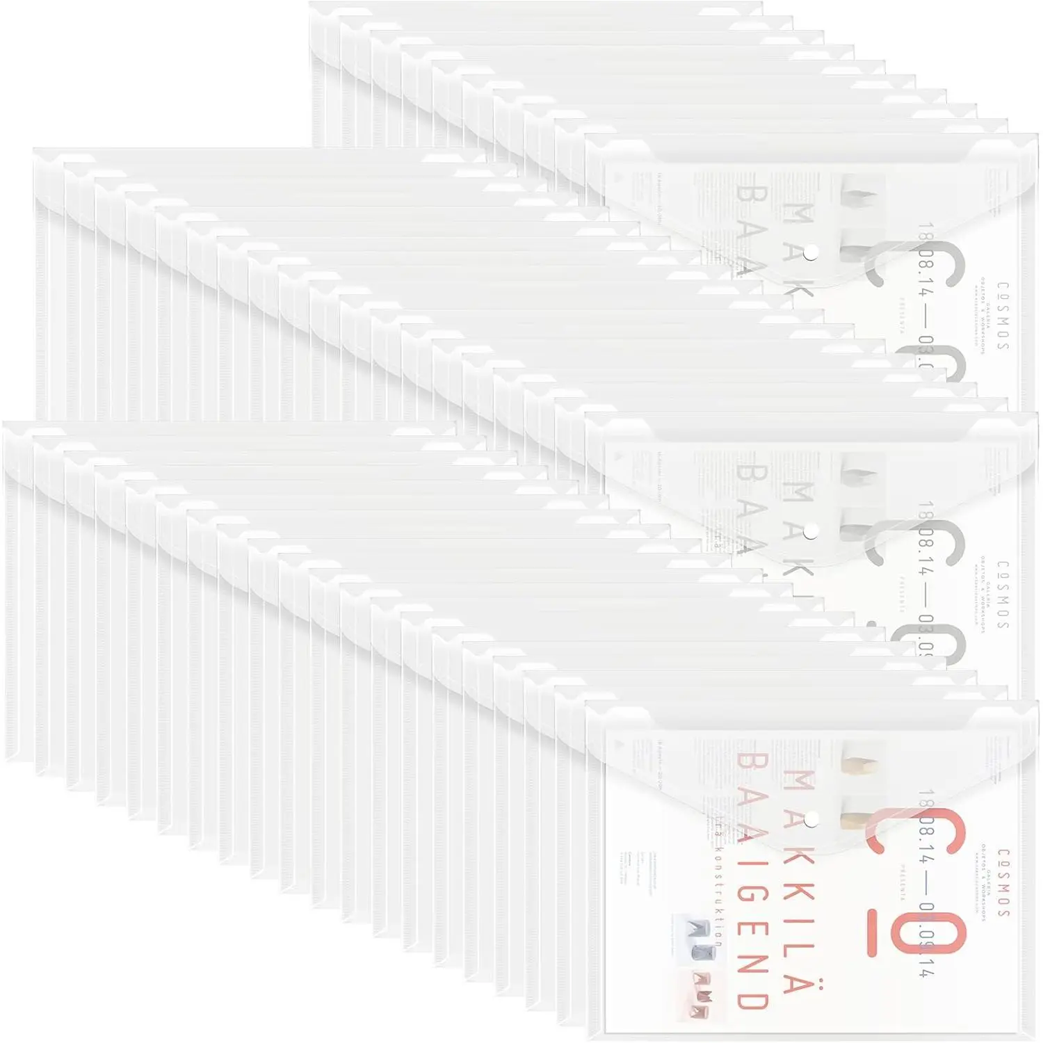 50pcs Plastic Envelopes with Button Snap Closure, Clear Poly Folders for Documents, Waterproof Plastic File Folder, Letter Size A4 Size for School and Office Supplies