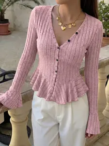 Women's Washed Ribbed Knit V Neck Button Down Flare Long Sleeve Peplum Hem Crop Cardigan Top 2026 Autumn Streetwear Daily Trendy Going Out Stylish Viral TikTok Fashion Essential for Office, Coffee Run & Casual Daily Matching Outfits