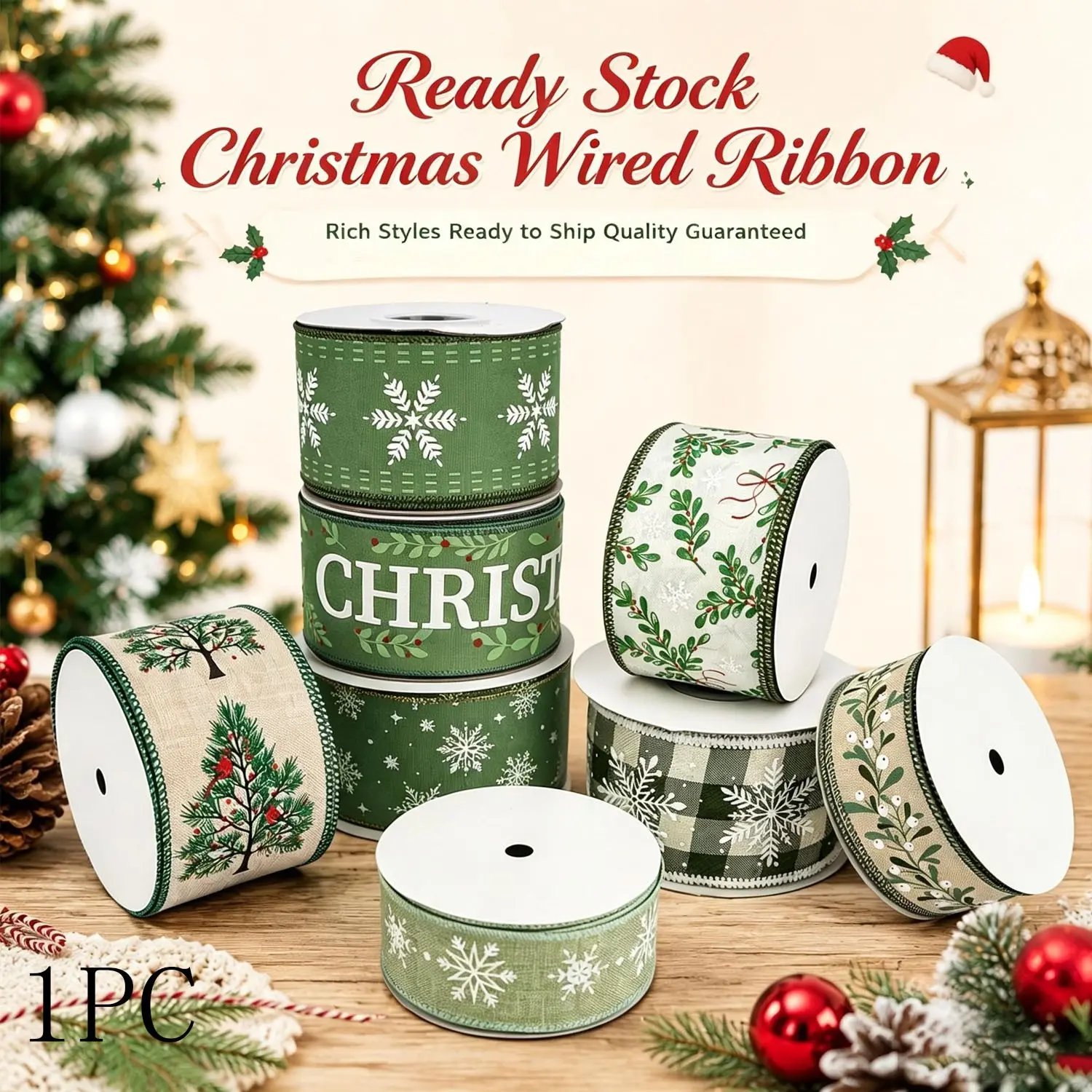 Christmas Ribbon Green Christmas Tree Ribbon Green and Gold Wired Ribbons for X-mas Tree, Wreath, Garland, Bows, Home Decor