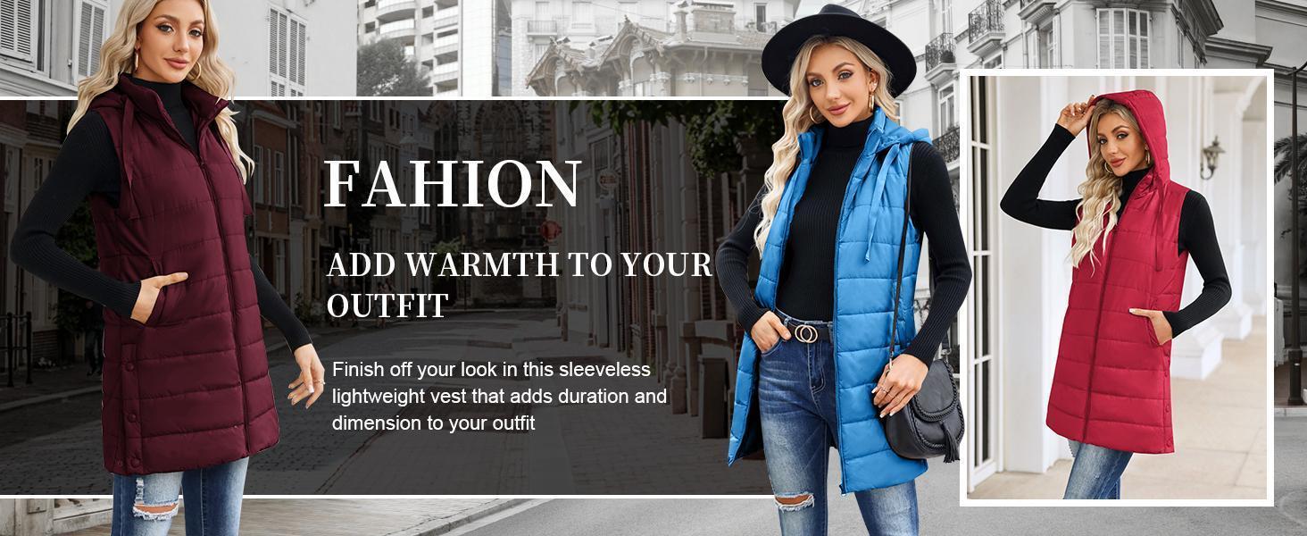 Imily Bela Women Long Vest Solid Color Sleeveless Hood Winter Puffer Vest Outwear