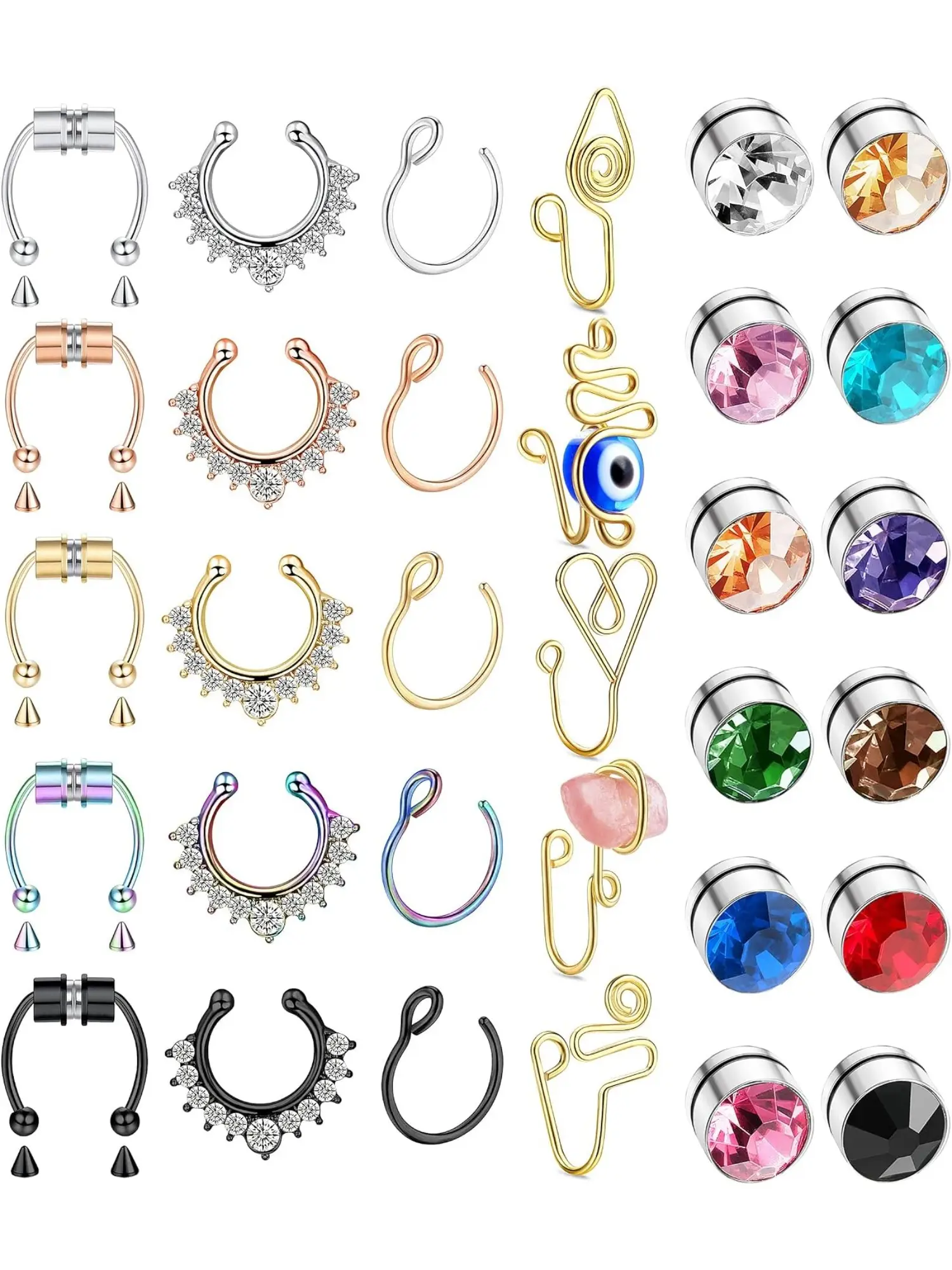 32Pcs Non-Piercing Fake Septum Nose Ring Bundle, Stainless Steel Magnetic Clip On Nose Cuffs Pretend Hoop & Nose Lip Stud Fashion Body Jewelry For Women Men