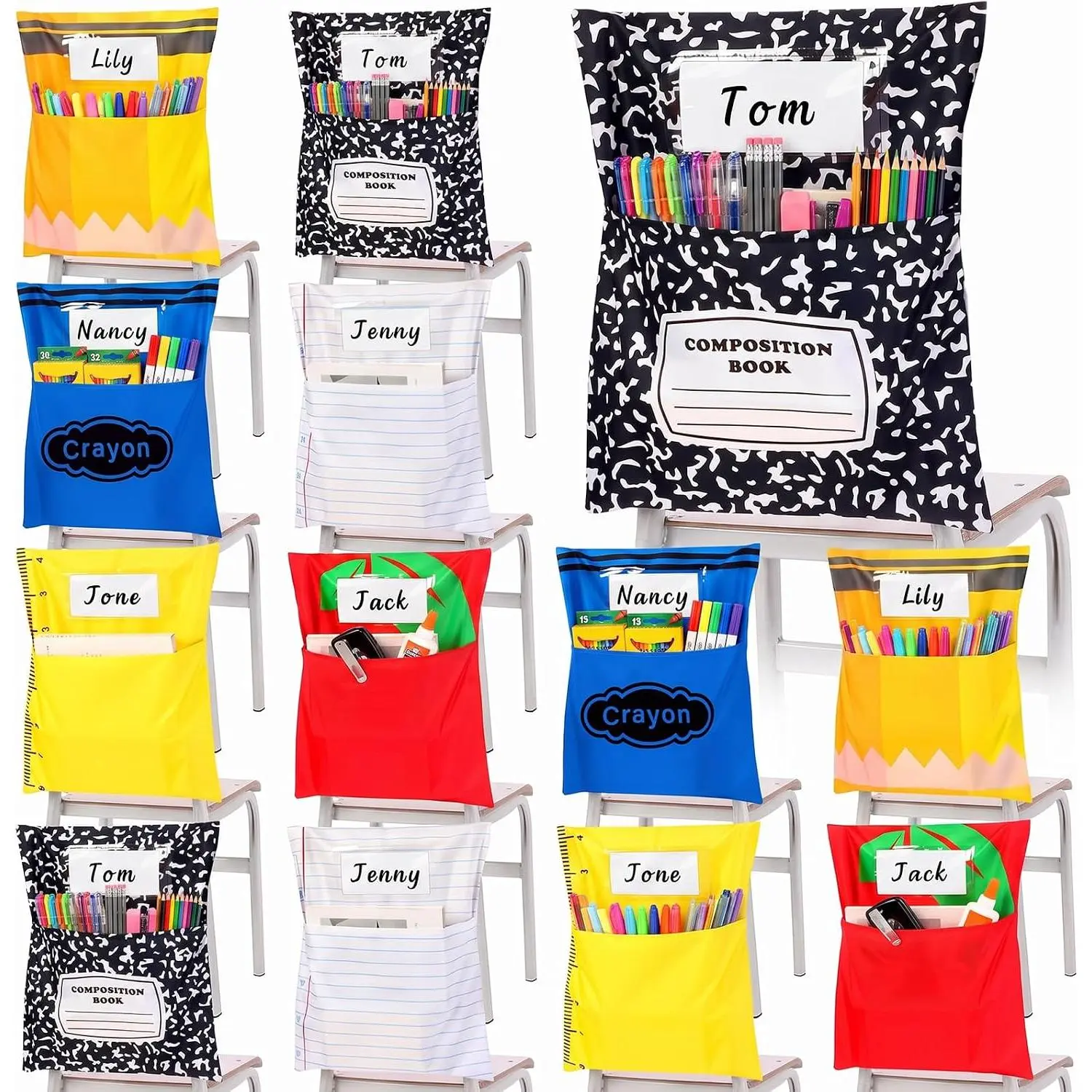 12 Pack Back to School Chair Pockets for Classrooms 16.5x19.5 Inches School Chair Pockets Sacks with Name Slot Crayon Composition Book Classroom Decor for Preschool Seating