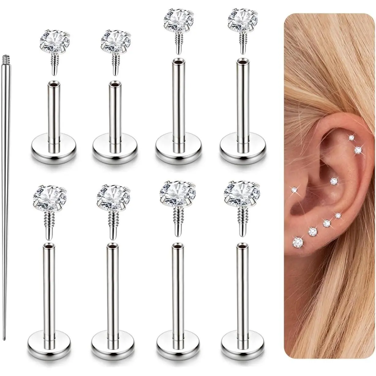 16G 18G Flat Back Earrings Studs Hypoallergenic Surgical Stainless Steel Internally Threaded Cubic Zirconia Cartilage Nose Lip Medusa Tragus Helix Piercing Jewelry for WomenGift