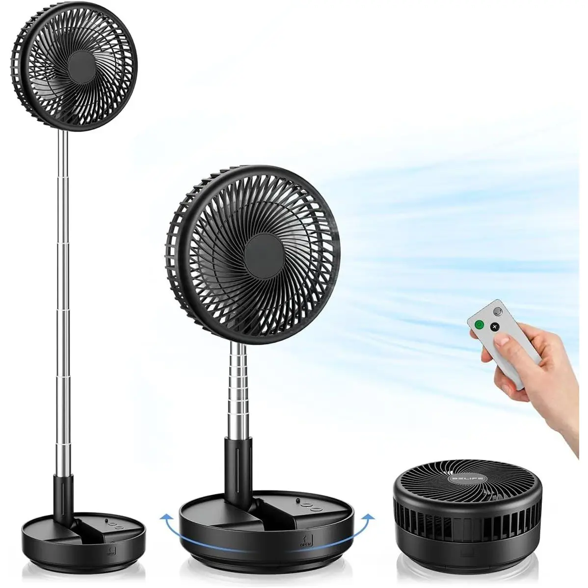 X8 Portable Fan, 7200mAh   Rechargeable, Oscillating USB Desk Floor Fan with Remote, Foldable Telescopic Fan for  Bedroom Sleeping Office Camping Travel, 7.7" (Black)