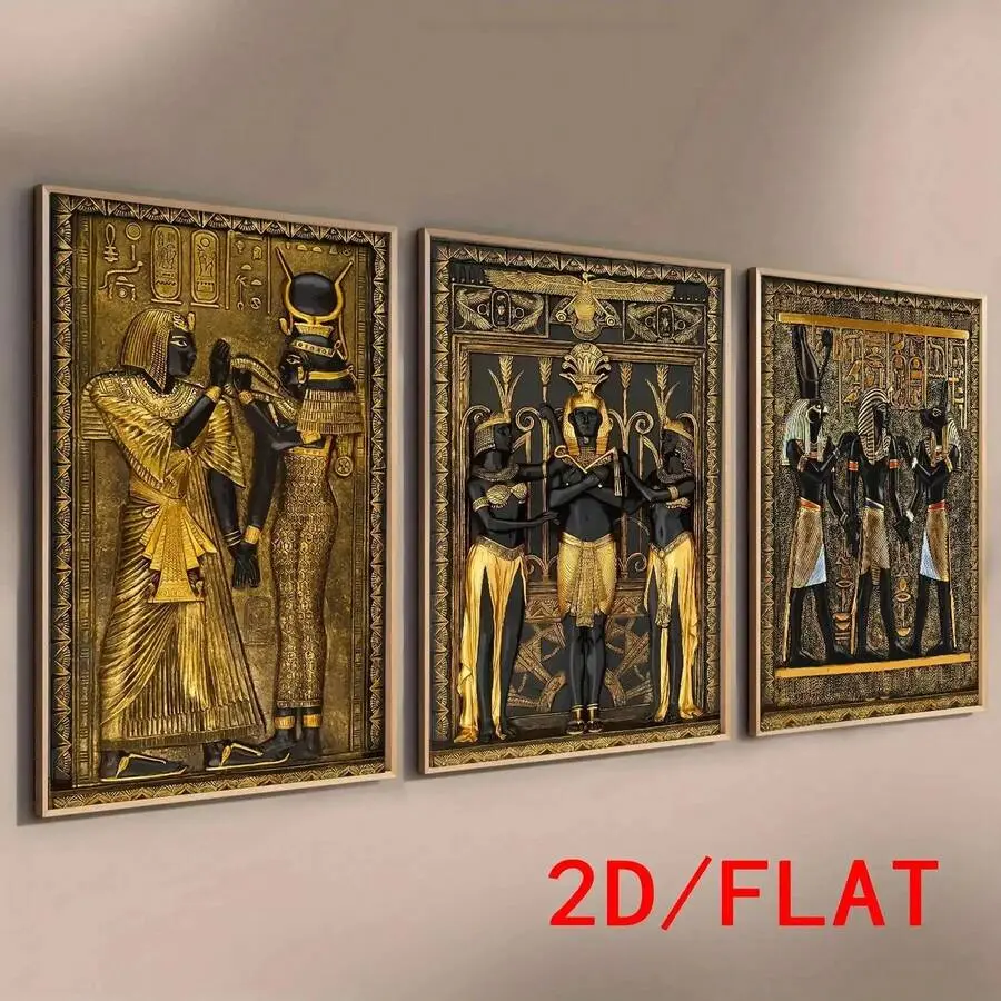 3-Piece Canvas Painting Set, 2D Flat, 3-Piece Black Gold Egyptian Wall Art, Wood Block Vintage Decorative Painting, Home Art Wall Hanging, Wooden Frame Art, High Quality, Thickness 2.25cm / 1inch , Wall Art Print Poster, Direct Hanging Decoration