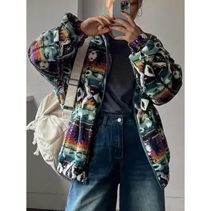 18ACTIVEKITAutumn and winter women's ethnic style printed loose long sleeved jacket, colorful patterned jacket, suitable for casual daily wear, women's clothing