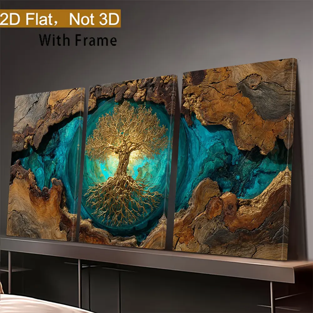 2D Flat, 3-Piece Framed Tree of Life Universe Wall Art - Vertical Wood Grain Canvas Painting, Suitable for Living Room, Bedroom, Office - Modern Art Style Wooden Frame Decoration, Tree of Life Artwork, Halloween and Christmas Decoration