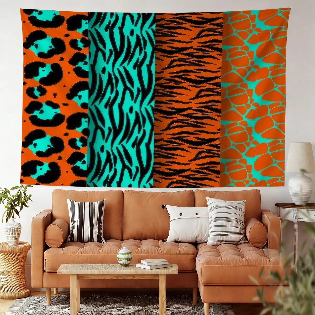 Vibrant Animal Print Tapestry, Neon Orange And Teal Aesthetic Wall Hanging, Modern Digital Print Wall Tapestry, Bold Safari Pattern Home Decor, Bedroom And Living Room Wall Art, Fade-Resistant Wall Hanging,For Bedroom, Living Room Wall Decor Tapestry