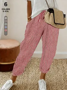 Women Vertical Striped High Waist Cropped Harem Pants, Lightweight Linen Texture, Elastic Loose Fit Capri Lounge Trousers, Side Pockets, Sizes S-Xxl