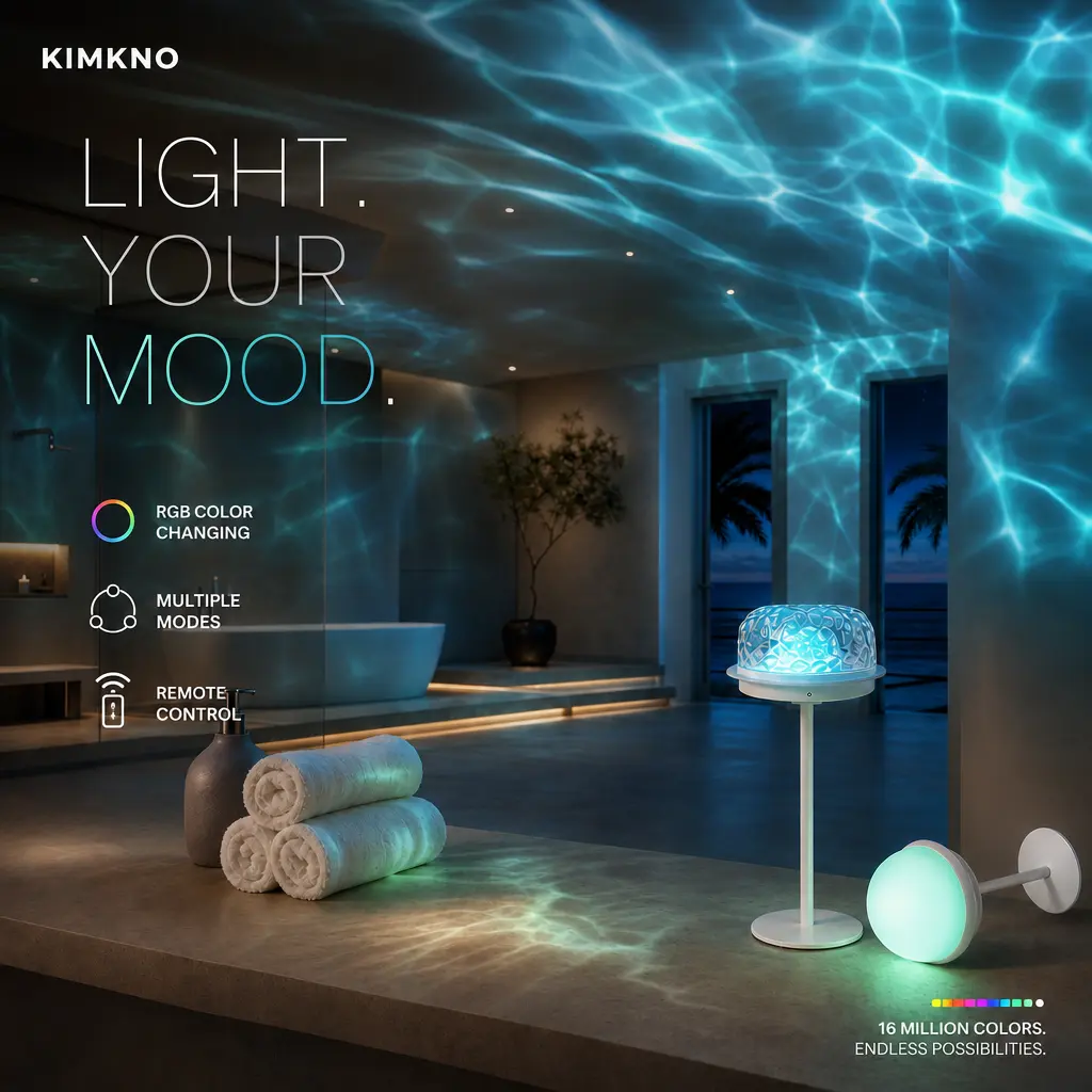 KIMKNO IP44 Waterproof Ocean Wave Shower Lamp - Rechargeable Cordless 2-in-1 Projector Light with Removable Shade, Touch Control, Dimmable RGB Water Ripple Light for Bathroom Bathtub Spa Relaxation Decor