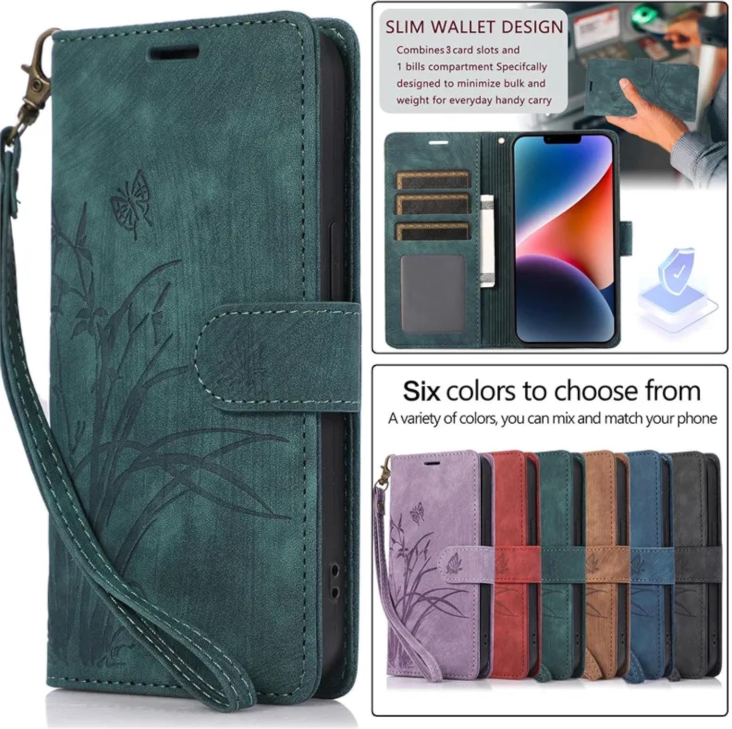 For iPhone 17 16 Pro Max 15 14 13 12 11 Butterfly Orchid Embossed Wallet Cute Phone Case with 1 Cash pocket & 3 Card Slots, Wrist Strap Lanyard Women Soft PU Leather Protective Flip Fold Stand Cover Magnetic Closure For Mom