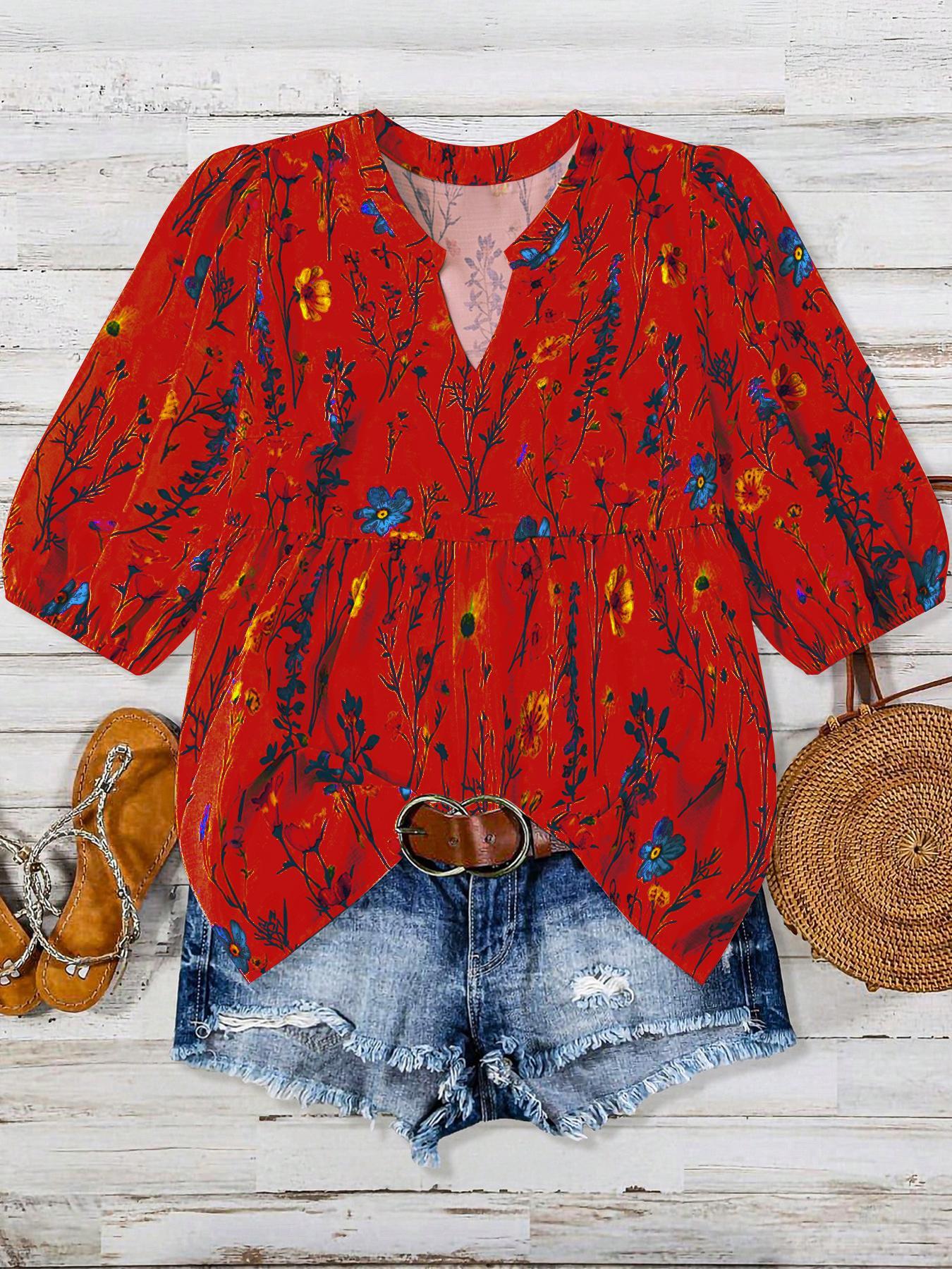 【Plus Size】 Floral Print Notched Neck Boho Cottagecore Blouse, Boho Floral Printed Casual Bishop Sleeve Top for Summer, Women's Clothes for Daily Wear