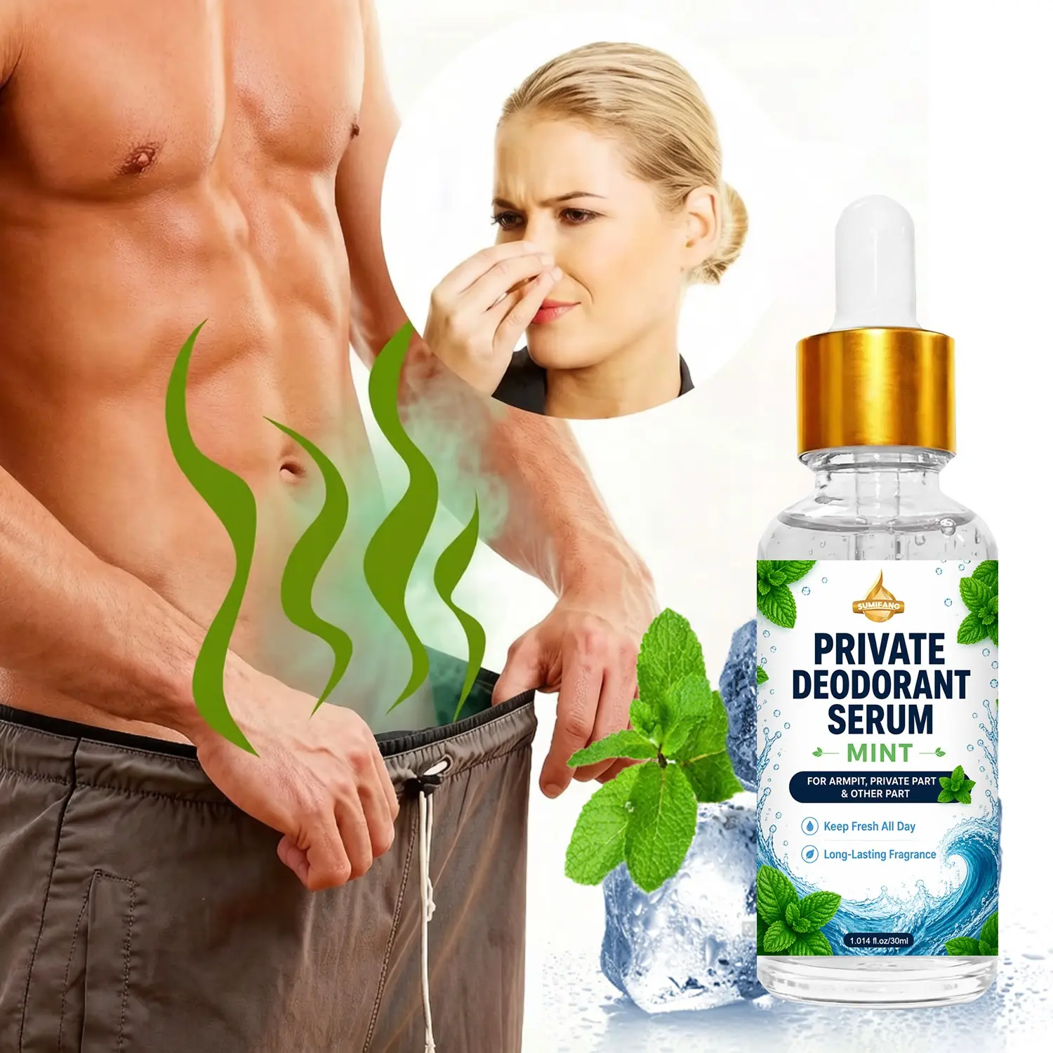 SUMIFANG Men's Mint Deodorant Essence (30ml) – Cooling Mint & Aloe Vera; suitable for underarms and body; provides instant post-workout freshness and all-day confidence.