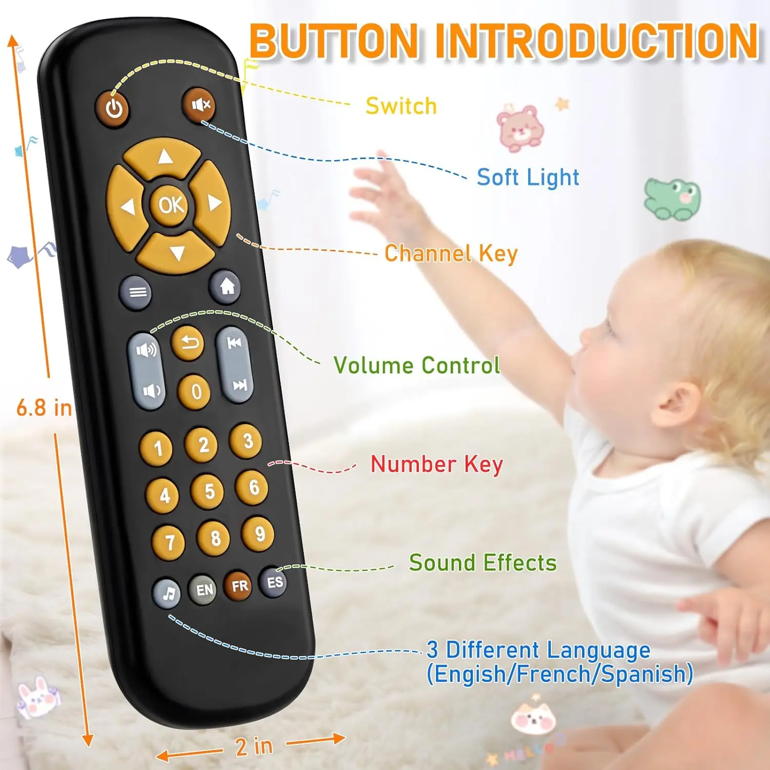 Baby TV Remote Control Toy 6 Month+, Toddler Realistic Remote Toy with Sound and Light, Early Educational Music Toys with 3 Languages English French Spanish  Infant Boys Girls 6 12 18 months