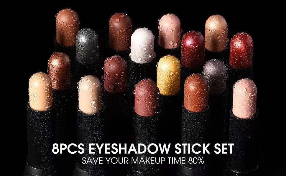 Cream Eyeshadow Stick Gift Set, 8 PCS Soft Smooth Matte Earth & Bright Metal Color Contour Sticks, Waterproof & Long-Lasting