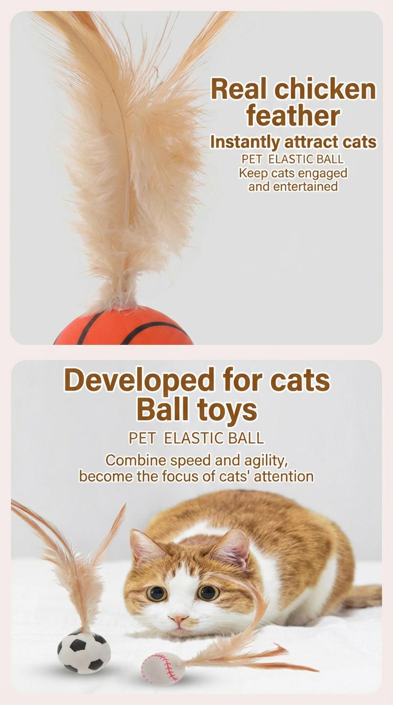 6-Pack Feather Bounce Cat Toys – Interactive Springy Balls for Cats, Basketball/Soccer/Baseball Designs with Soft Natural Feathers, Solo-Play Toys to Activate Hunting Instinct, Relieve Boredom & Anxiety, Safe Durable for Kittens & Adult Cats
