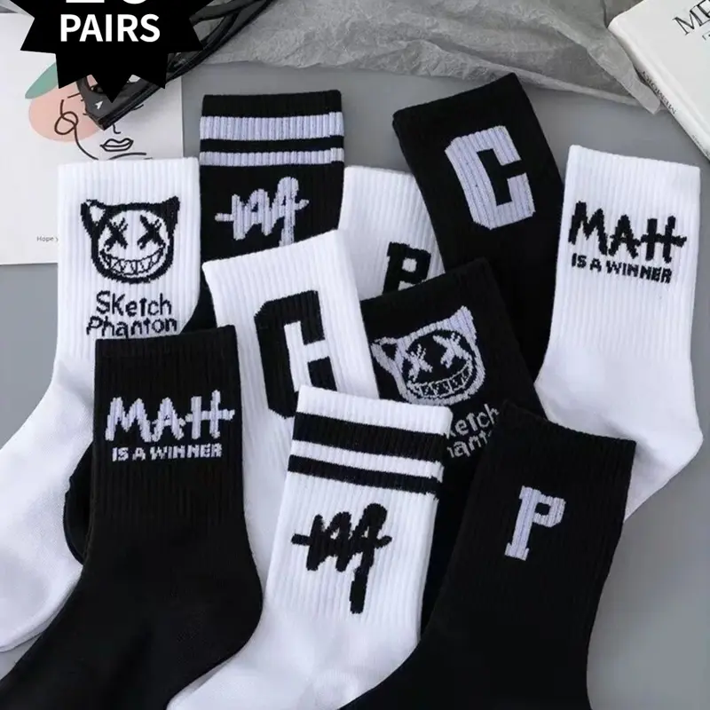 10 Pairs Unisex Breathable Black-and-White Colour-Blocked Letter-Print Mid-Calf Socks, Street-Style Letter Design, Casual Sports Socks, Sports Fit Socks Suitable for All Seasons
