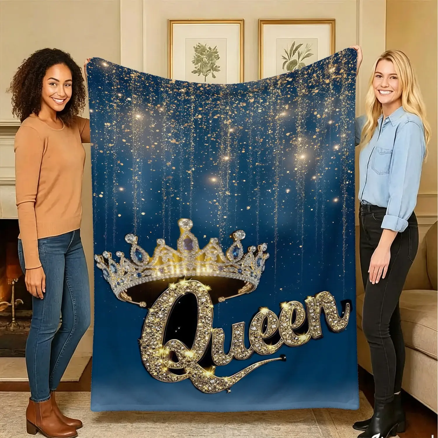 Glam Rhinestone Diamond Crown Bling Queen Full Print Navy Throw Blanket, Plush Sofa Throw & Premium Gift Blanket for Luxury Dark Chic Apartment Decor, Reading Nook, Girls Queen Themed Party, Elegant Keepsake Gift for Women