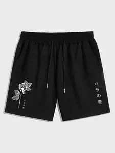 Men Japanese Rose Vertical Kanji Print Drawstring Elastic Waist Casual Sports Sweat Shorts