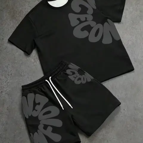 Men's Simple Letter Print Set, Round Neck Short Sleeve T-Shirt and Shorts, Casual Fitted Two-Piece Set, Casual Matching Sets, Suitable for All Seasons