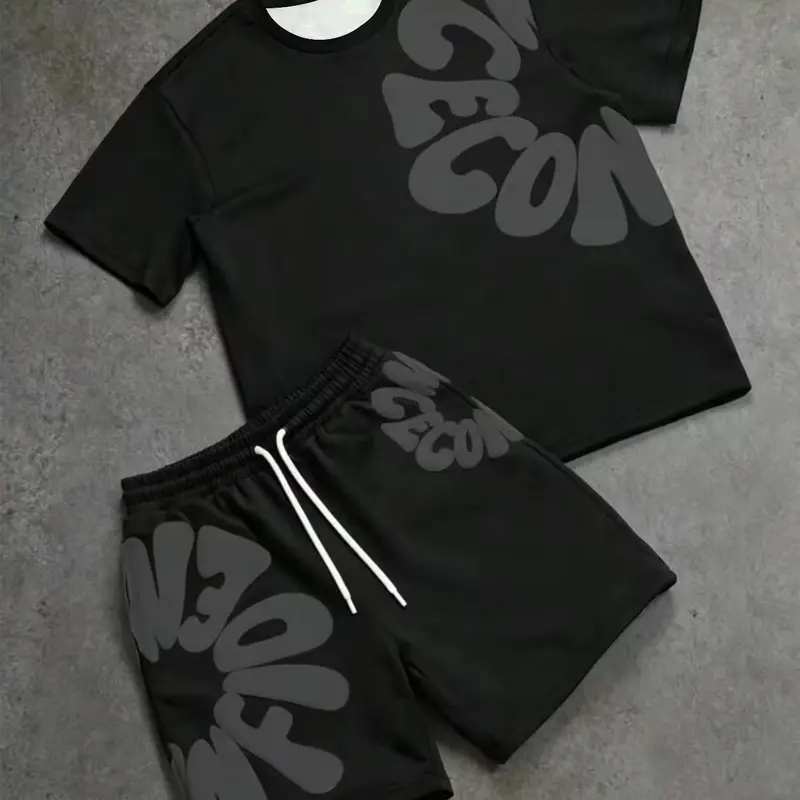 Men's Simple Letter Print Set, Round Neck Short Sleeve T-Shirt and Shorts, Casual Fitted Two-Piece Set, Casual Matching Sets, Suitable for All Seasons