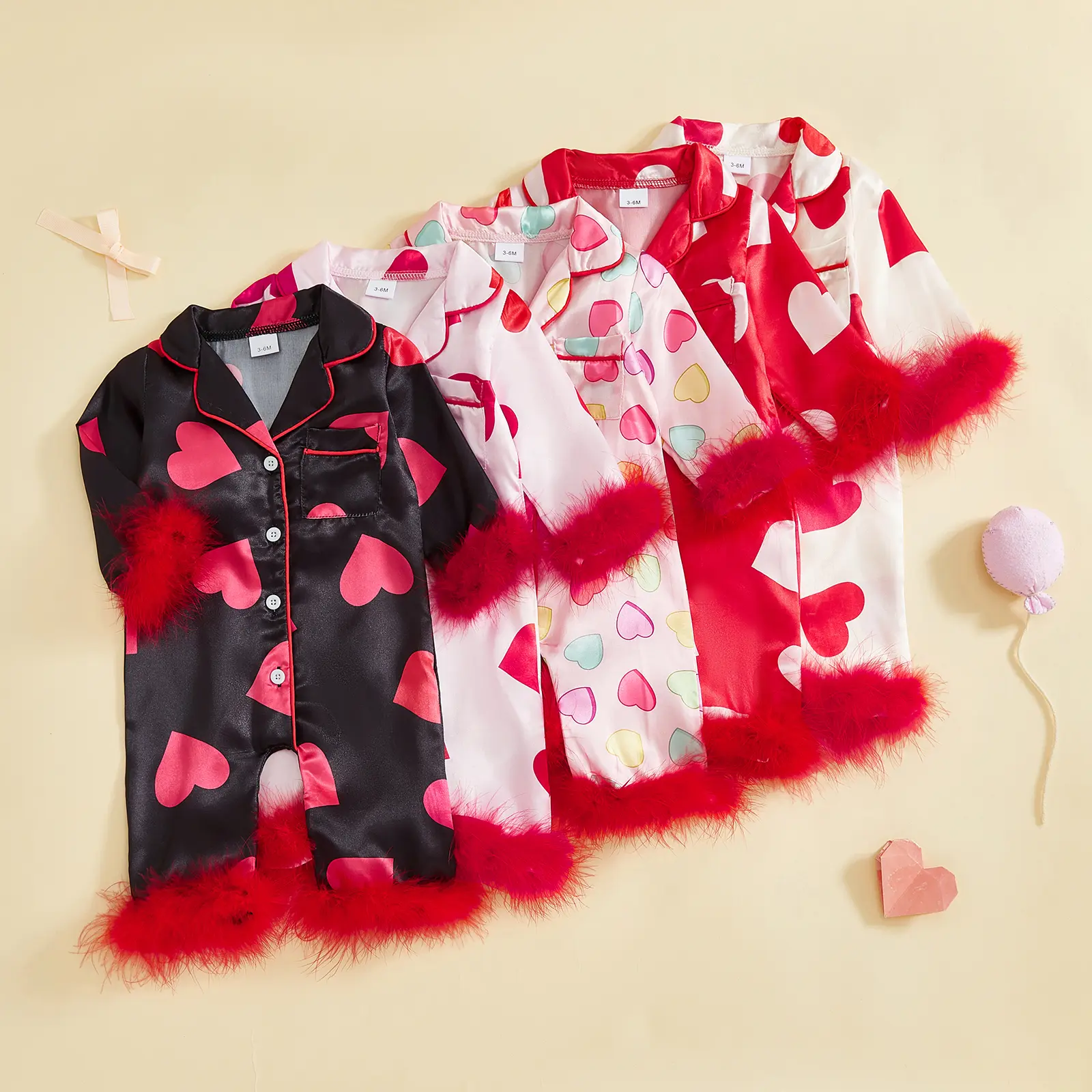 Baby Girl Valentines Day Pajamas Newborn Heart Feather Trim Nightgown Jumpsuit Romper Cute Infant Silk Pjs Sleepwear