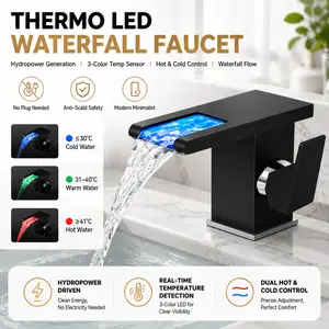 Rust-Resistant LED Stainless Steel Black Waterfall Bathroom Faucet - Safe Single-Hole Single-Handle Vanity Faucet with 3-Color Temperature-Sensitive Light, Durable Ceramic Cartridge, Supply Lines Included for RV Sinks