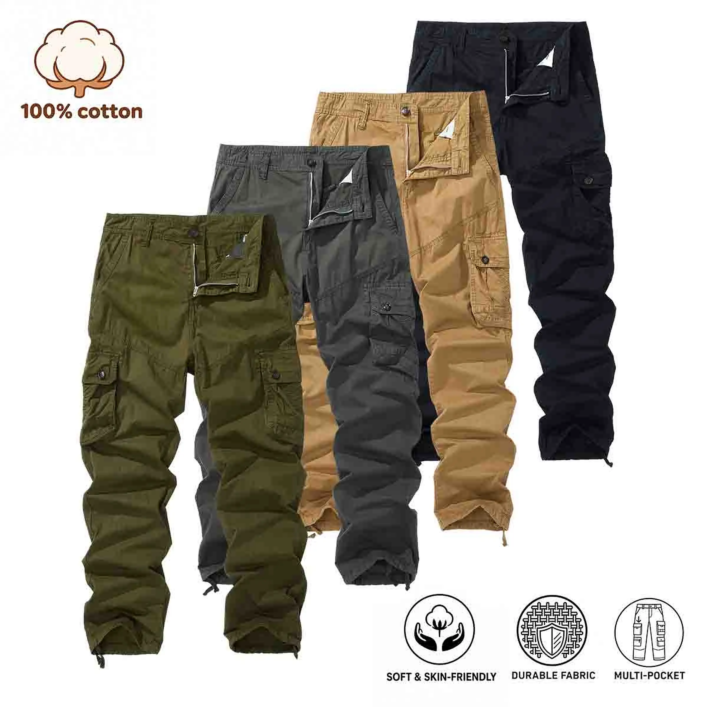 Men’s 100% Cotton Cargo Pants - Relaxed Fit, Multi-Pocket Workwear Trousers with Adjustable Drawstring Hems for Casual Outdoor Use