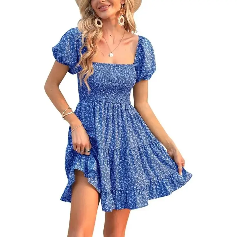 Women's Puff Sleeve Square Neck Smocked Babydoll Dress Boho Floral Print Off Shoulder Ruffle Mini Short Dress