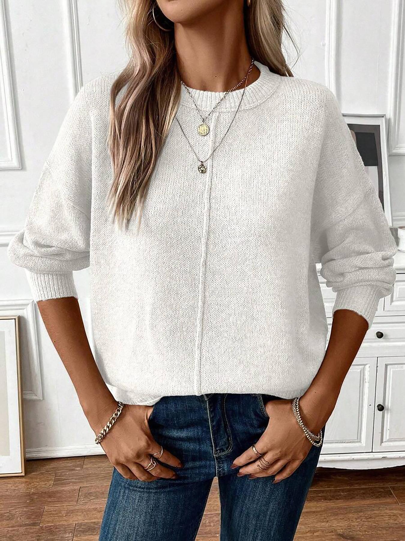 Women's Fall Winter Casual Fitted Knit Sweater, Round Neck Long Sleeve Pullover, Fashionable Simple Style, Versatile & Elegant Design Womenswear