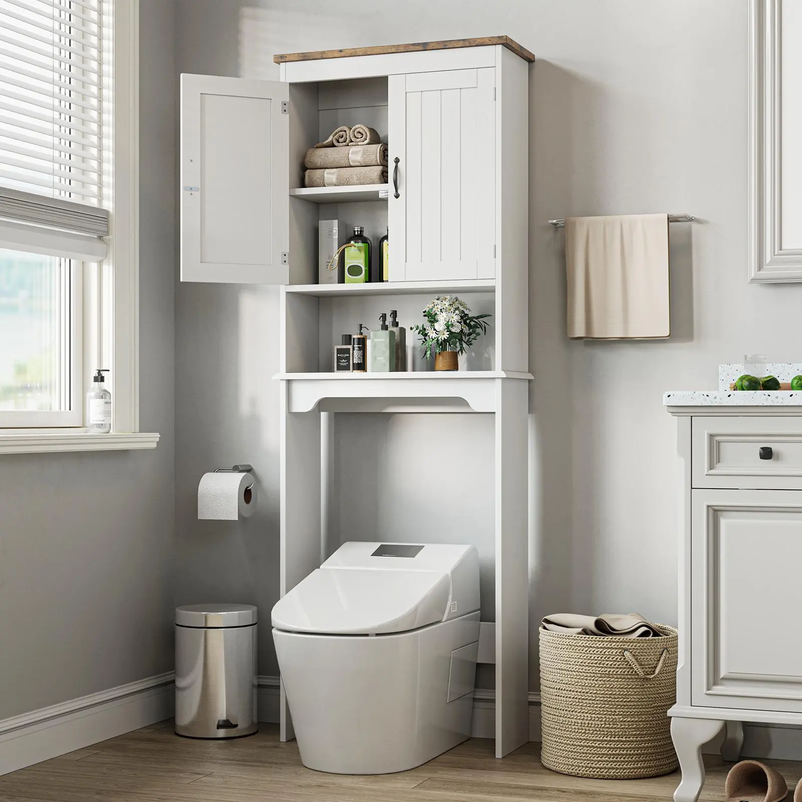 Modern Engineered Wood Over-The-Toilet Storage Cabinet, 23.6 x 8.5 x 66.3 in White Freestanding Bathroom Space Saver, Double Doors, Adjustable Shelf, Anti-Tip Safe, Convenient Magnetic Stopper, Easy to Clean & Assemble