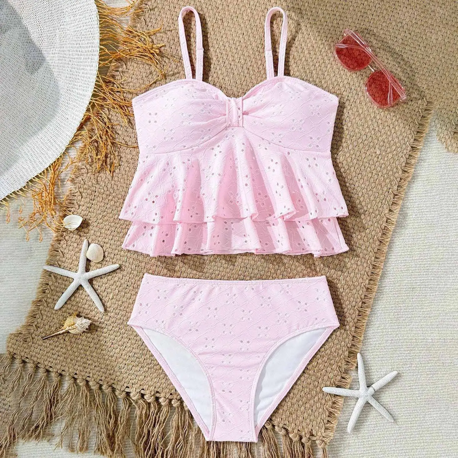 Girls' 2 Piece Tankini Kids Swimsuit Ruffle Bathing Suit Children Eyelet Embroidery Swimwear Teens Girl Swimming Suits 8-12Years