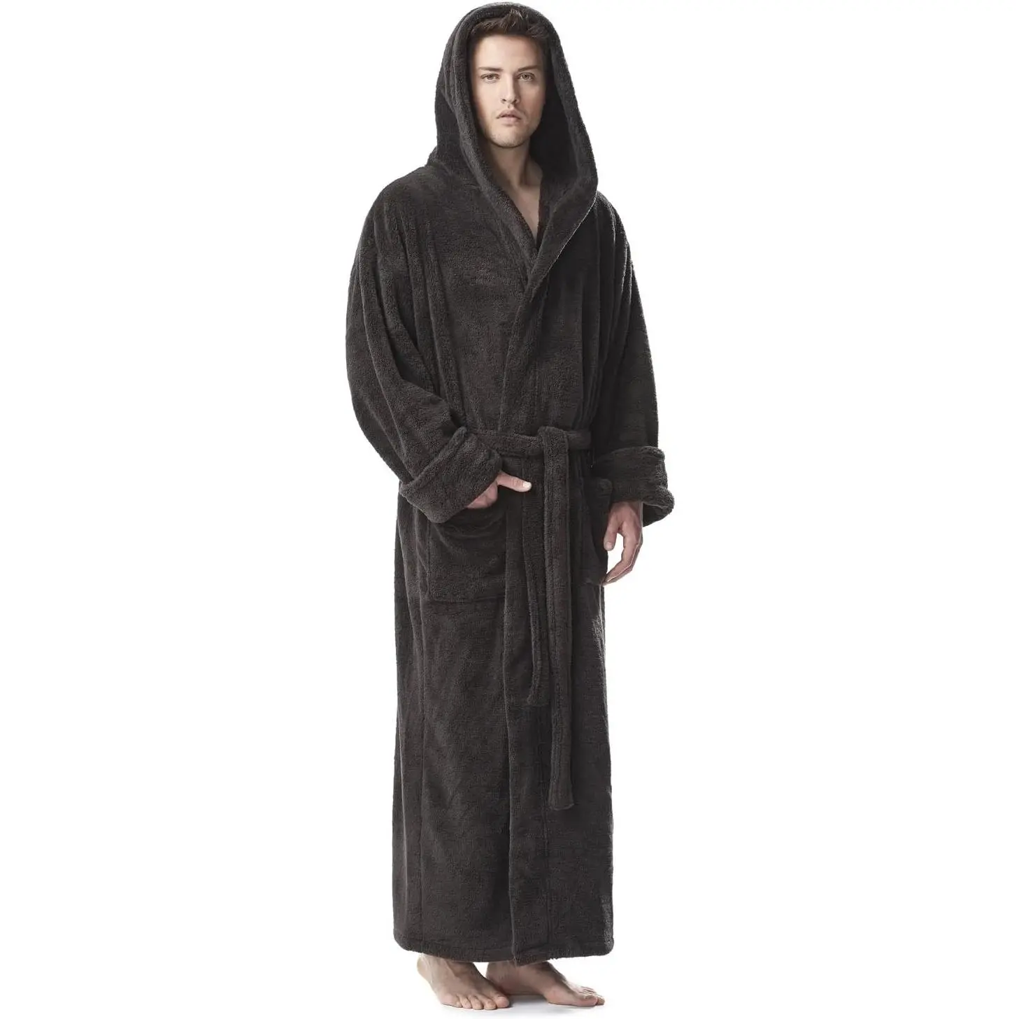 Arus Men's Fleece Robe, Long Hooded Turkish Bathrobe