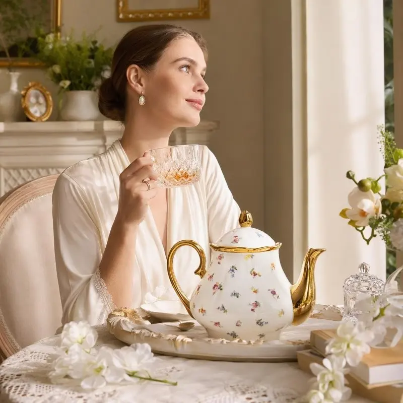 Vintage Floral Ceramic Teapot, Handle and Spout, 1100ML Large Capacity, Decorative Porcelain Water Pot, Ideal for Afternoon Tea, Home Desktop Display