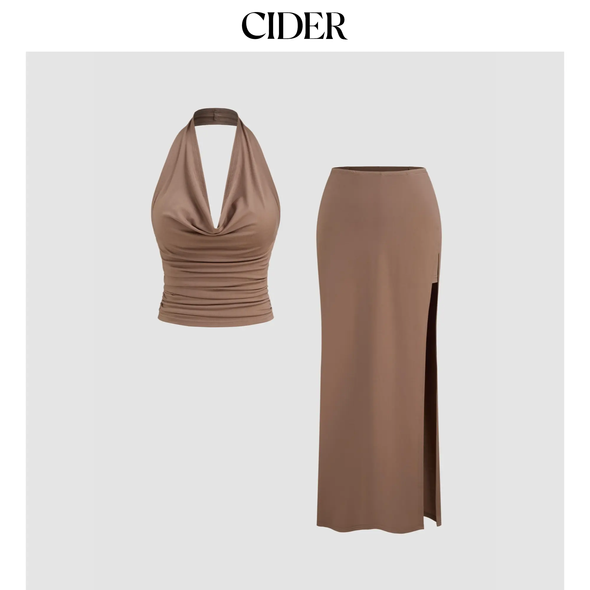 Cider [size 2-10] Halter Neckline Solid Ruched Crop Top & Mid Rise Solid Split Maxi Skirt Set