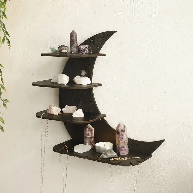 Crescent Wall Hanging Rack with 4 Layers of Baffle, Wooden Multi-Layer Rack, Hanging Shelf, Wall Candlestick Rack, Wall Hanging Decoration, Wall Hanging Crystal Stone Display Rack, Home Decoration, Hanging Accessory