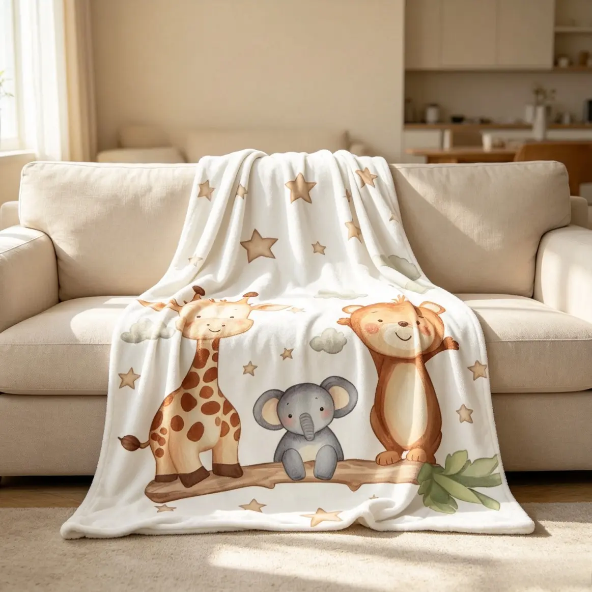 Baby Animal Flannel Blanket For Adults And Kids, Cute Safari Throw Blanket With Giraffe Elephant Bear Print, Soft Cozy Fleece Bedding Blanket For Nursery Room Decor Crib Bed Couch Stroller Baby Shower Gift
